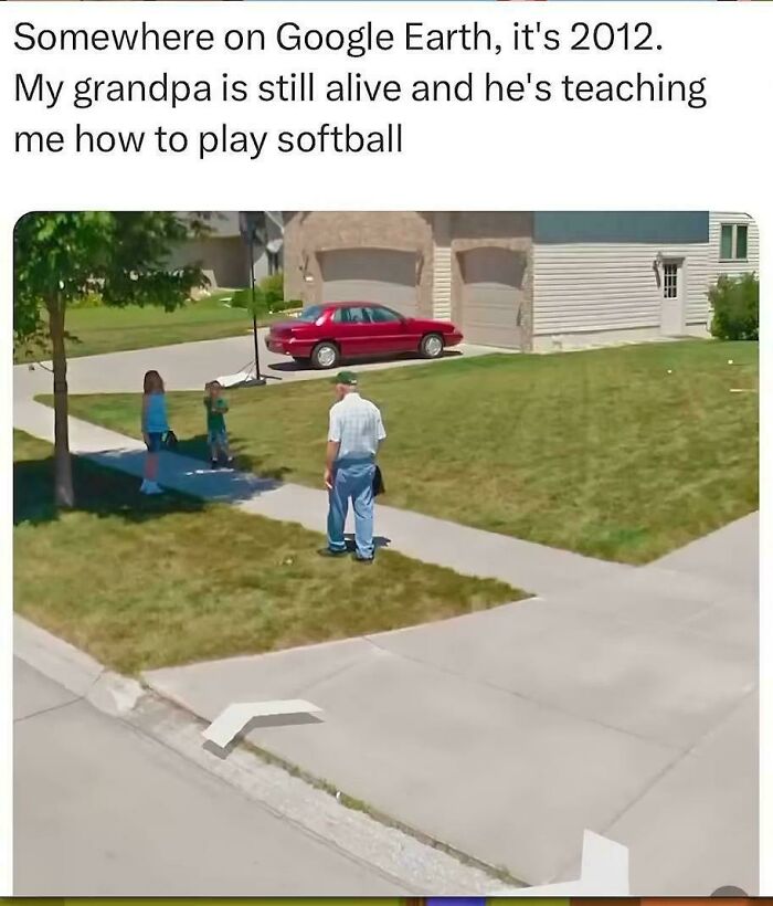 Older man teaching children softball in suburban yard