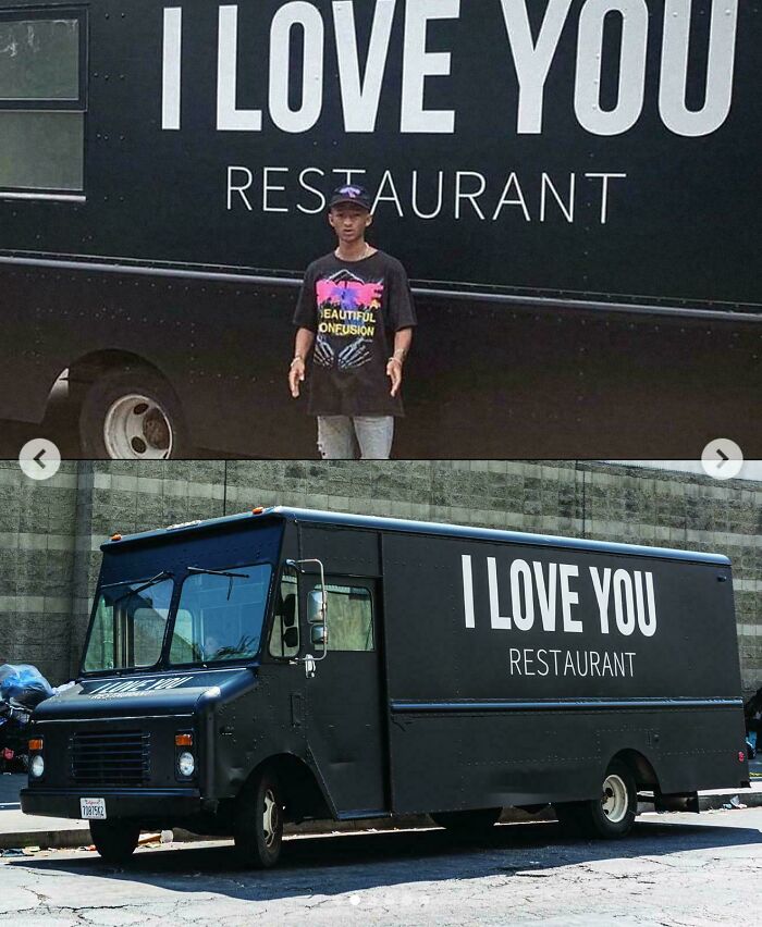 Food truck with I Love You Restaurant written on side