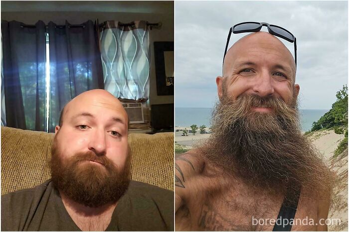 Man before and after growing a long beard showing wholesome transformation