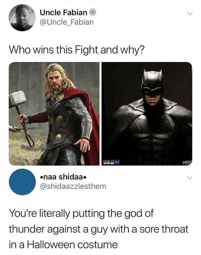 Twitter post discussing sharp comebacks with images of Thor and Batman debating who wins a fight.