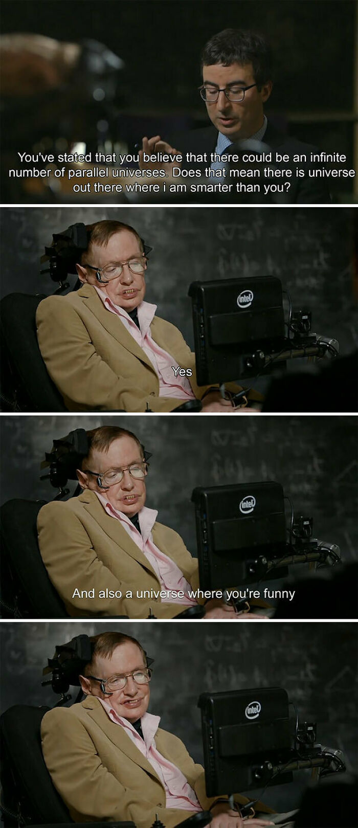 Stephen Hawking delivers a sharp comeback about parallel universes in a witty and clever exchange captured in this image.