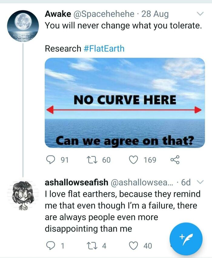 Twitter exchange on flat earth with a sharp comeback about disappointment and flat earth research.