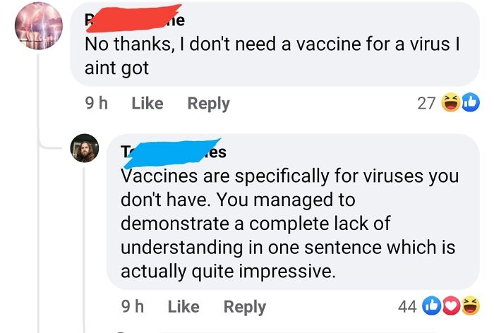 Screenshot of a sharp comeback in a social media comment about vaccines, highlighting a clever recovery.