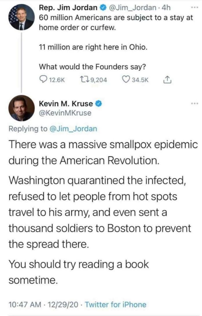 Twitter exchange showing a sharp comeback about smallpox quarantine during the American Revolution as a historical fact.