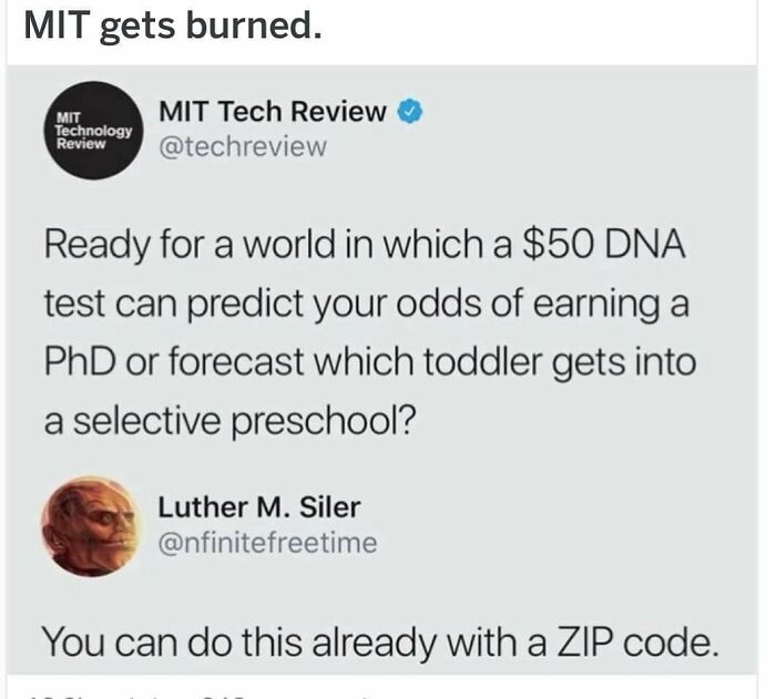 Meme showing sharp comeback where ZIP code predicts odds better than a $50 DNA test in a social media post.