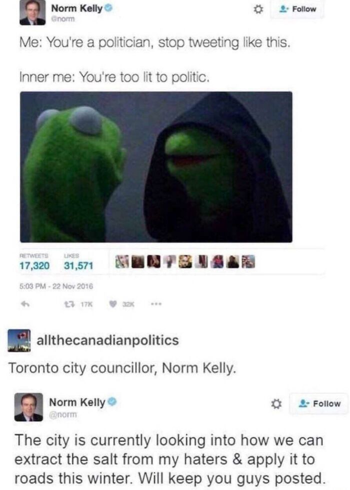 Twitter exchange showing sharp comebacks by Toronto city councillor Norm Kelly with Kermit meme in dark background.