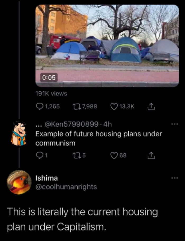 Tents set up in a city park with a social media conversation about sharp comebacks on housing under capitalism and communism.