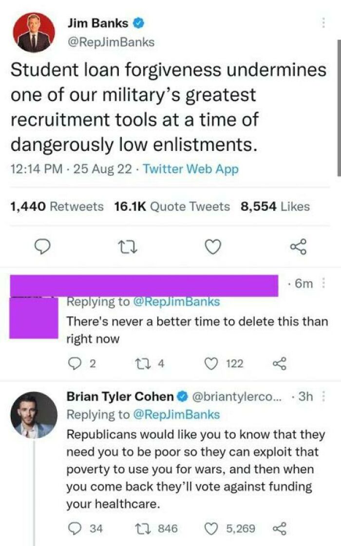 Twitter comebacks debating student loan forgiveness and military recruitment, showcasing sharp political responses and critiques.