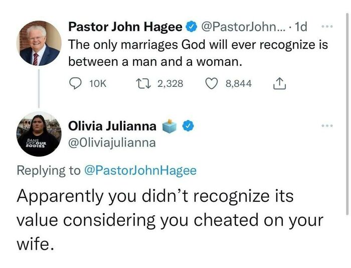 Tweet exchange showing a sharp comeback in response to a controversial statement about marriage values.