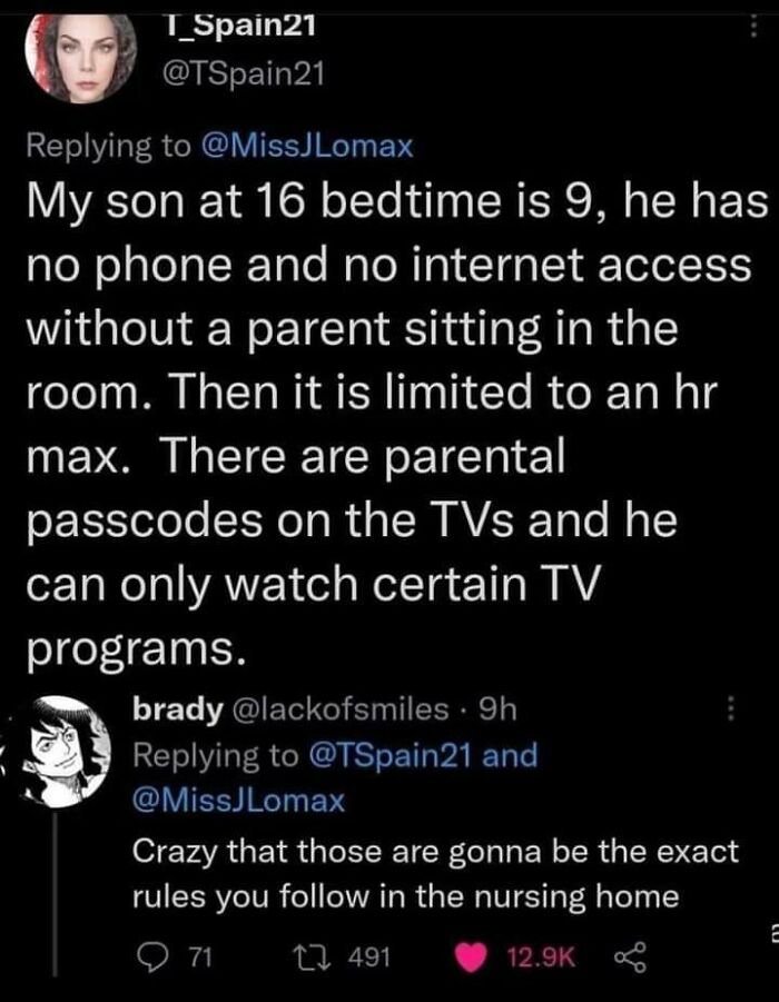 Screenshot of sharp comeback tweet about strict parenting rules and ironic nursing home comparison in witty online exchange.