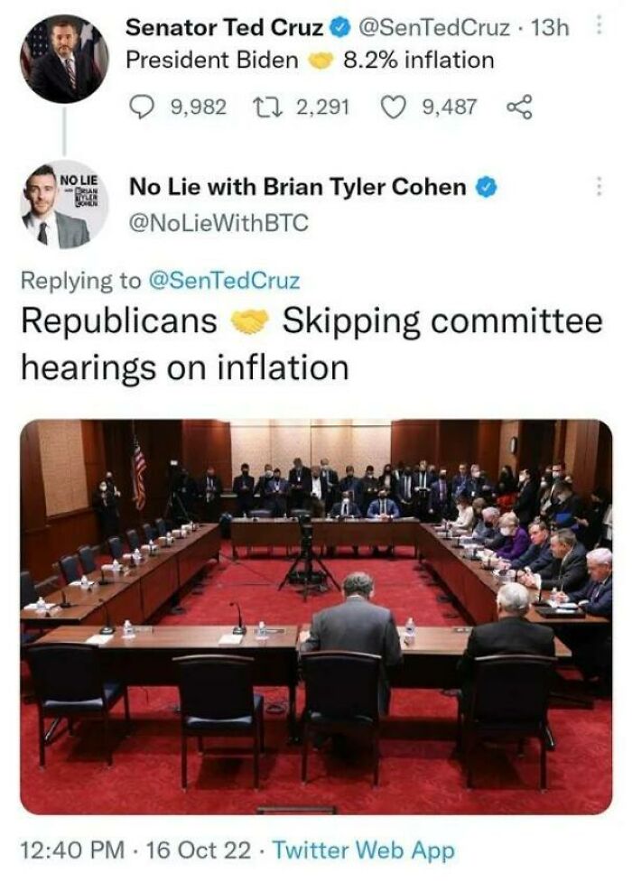 Twitter exchange showing sharp comebacks about inflation, with a nearly empty committee room and officials seated at a distance.
