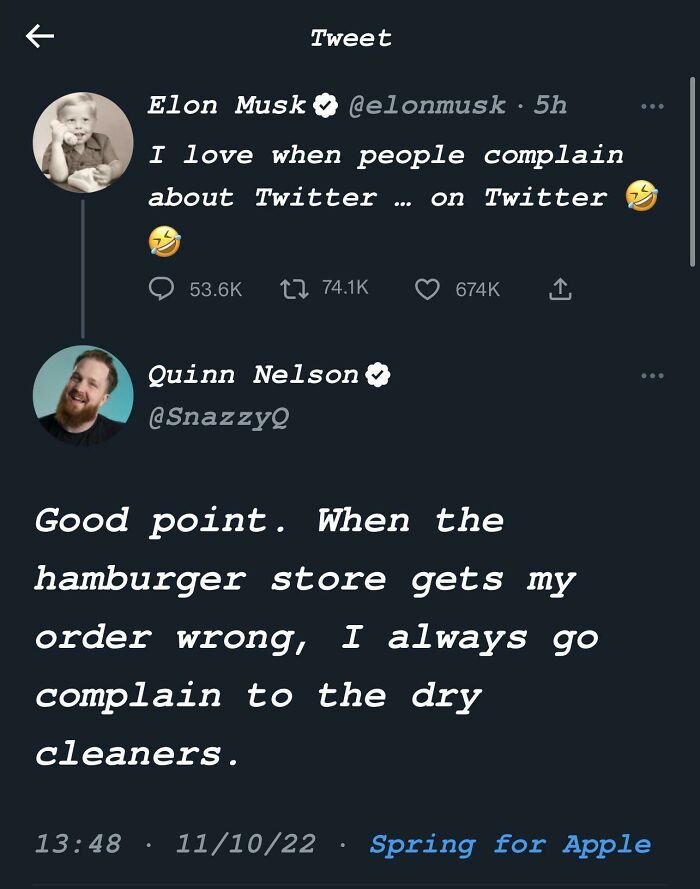 Screenshot of a sharp comeback on Twitter about complaining on the wrong platform, showcasing witty comebacks.