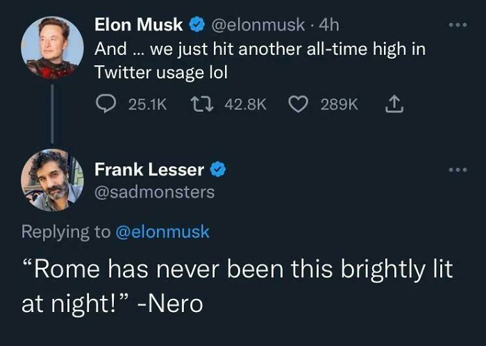Elon Musk tweets about Twitter usage high, followed by a sharp comeback referencing Nero and Rome’s bright nights.