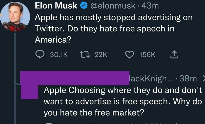 Screenshot of a sharp Twitter comeback between Elon Musk and a user about Apple and free speech debates.