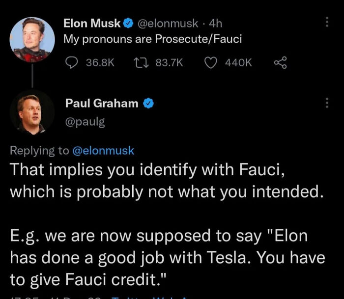 Twitter exchange showing a sharp comeback between Elon Musk and Paul Graham, highlighting witty and bold responses.