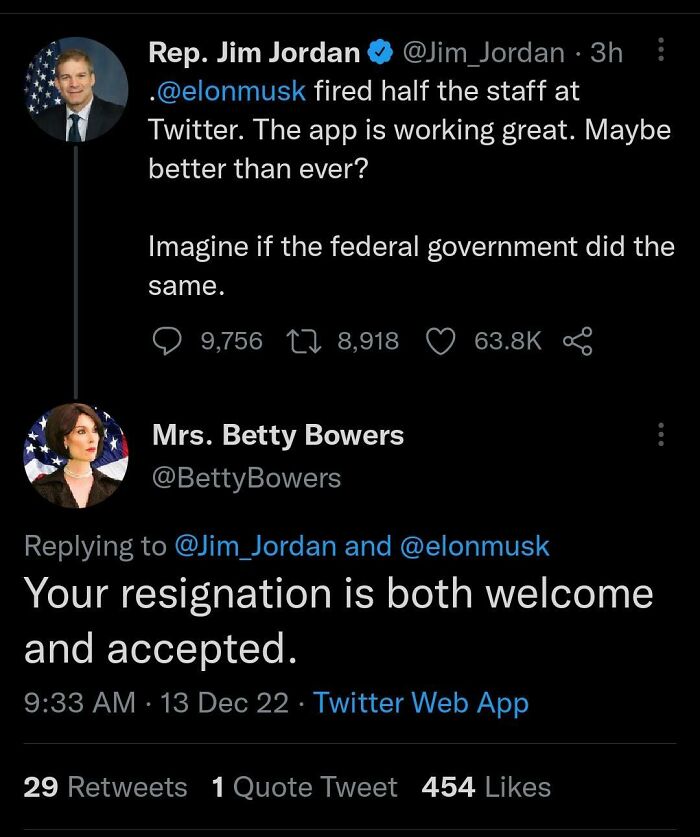 Twitter exchange showing sharp comeback with a response stating resignation is both welcome and accepted.