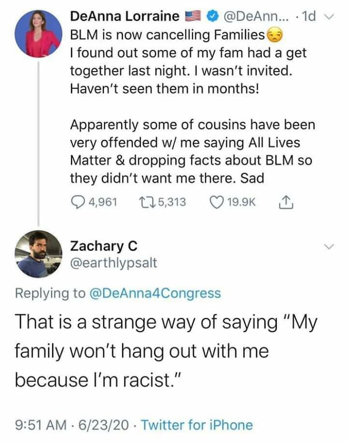 Twitter exchange showing a sharp comeback about family and racism, illustrating comebacks so sharp recovery wasn’t an option.