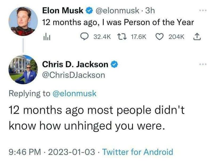 Twitter exchange between Elon Musk and Chris D. Jackson showing a sharp comeback in a witty online interaction.
