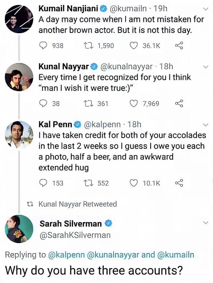 Twitter screenshots showing comebacks in a witty conversation between Kumail Nanjiani, Kunal Nayyar, Kal Penn, and Sarah Silverman.