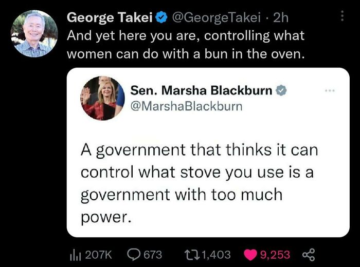 Screenshot of sharp Twitter comeback by George Takei responding to Sen. Marsha Blackburn about government control.