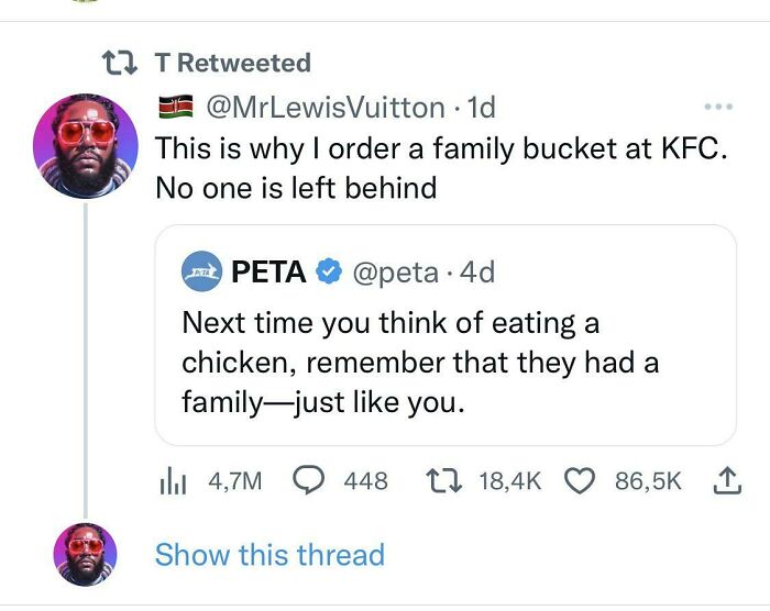 Screenshot of a sharp comeback on Twitter about ordering a family bucket at KFC with no one left behind.
