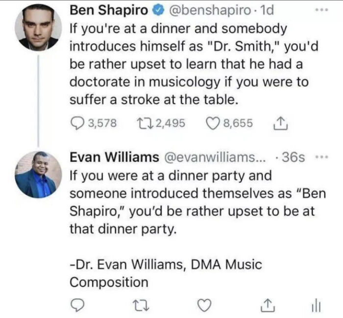 Twitter exchange showing sharp comebacks with witty replies about dinner introductions and musicology doctorates.