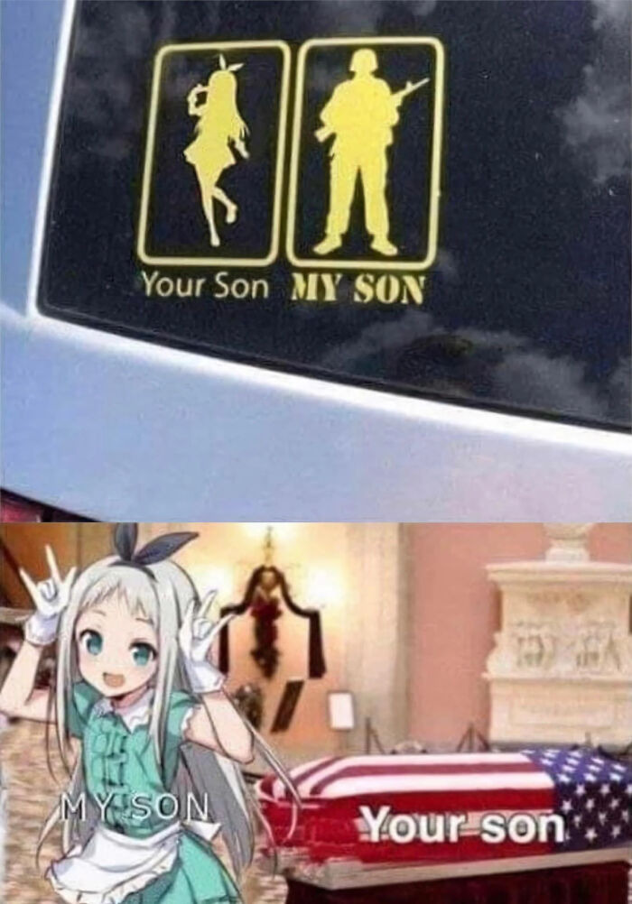 Two humorous comparisons showing sharp comebacks between "your son" and "my son" in sticker and anime styles.