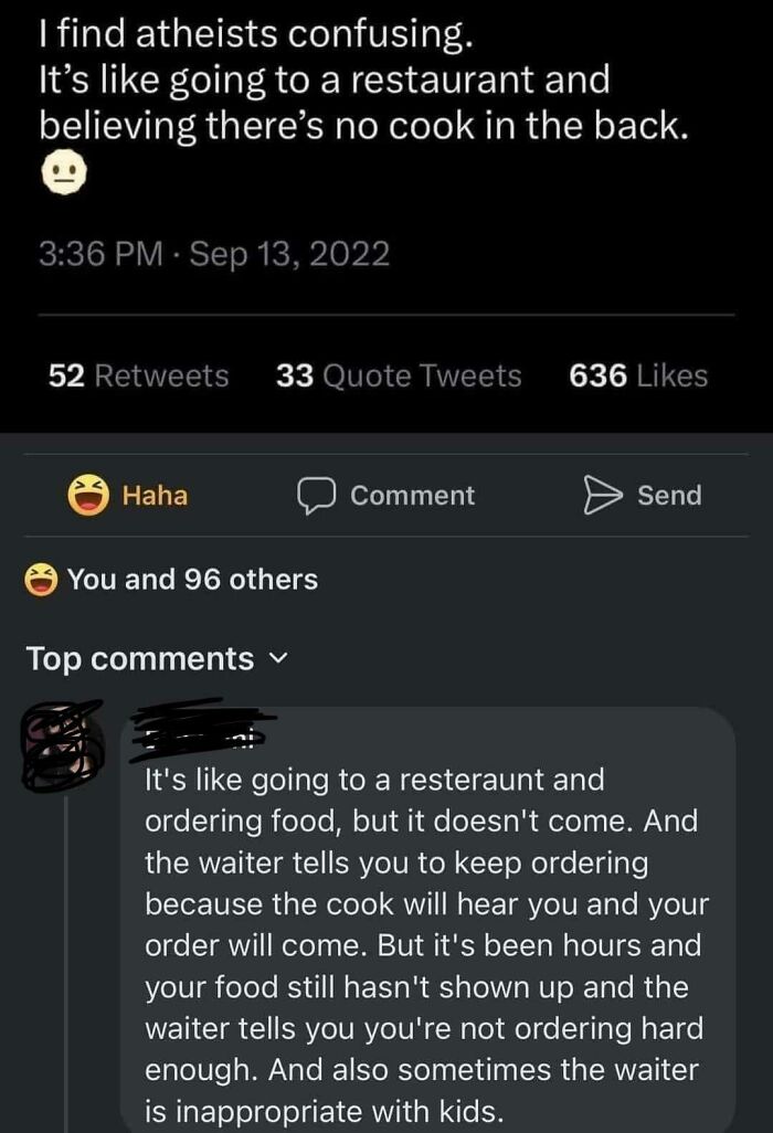 Sharp comeback tweet comparing atheists to a restaurant with no cook, sparking witty replies and online reactions.