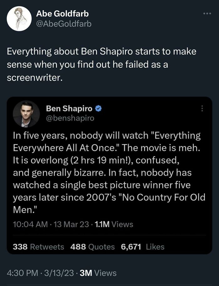 Tweet screenshot showing a sharp comeback by Abe Goldfarb replying to Ben Shapiro about failed screenwriting skills.