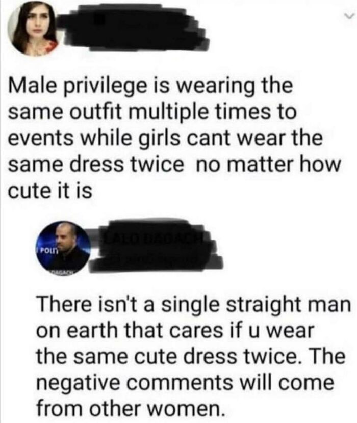Social media post showing sharp comeback on male privilege and wearing the same outfit twice with witty recovery moment.