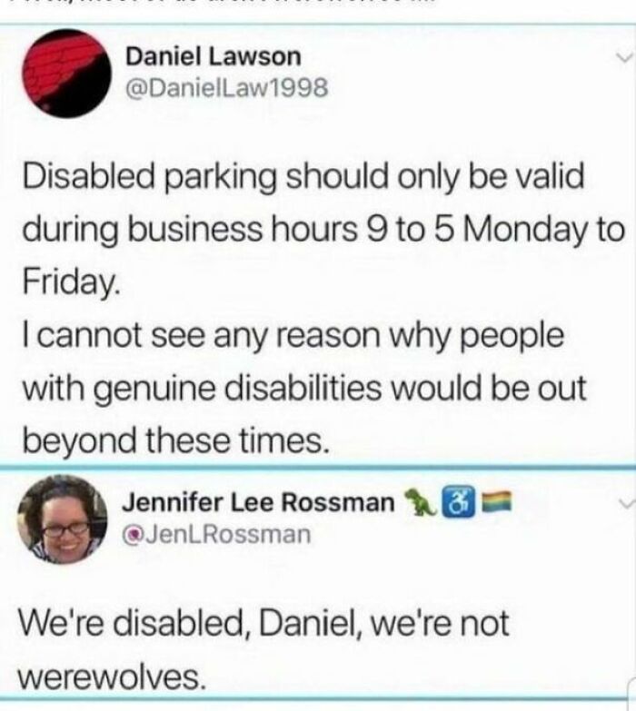 Screenshot of a sharp comeback on social media about disabled parking and genuine disabilities.
