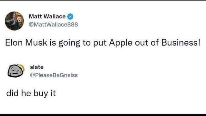 Twitter exchange showing a sharp comeback where one user questions Elon Musk putting Apple out of business.
