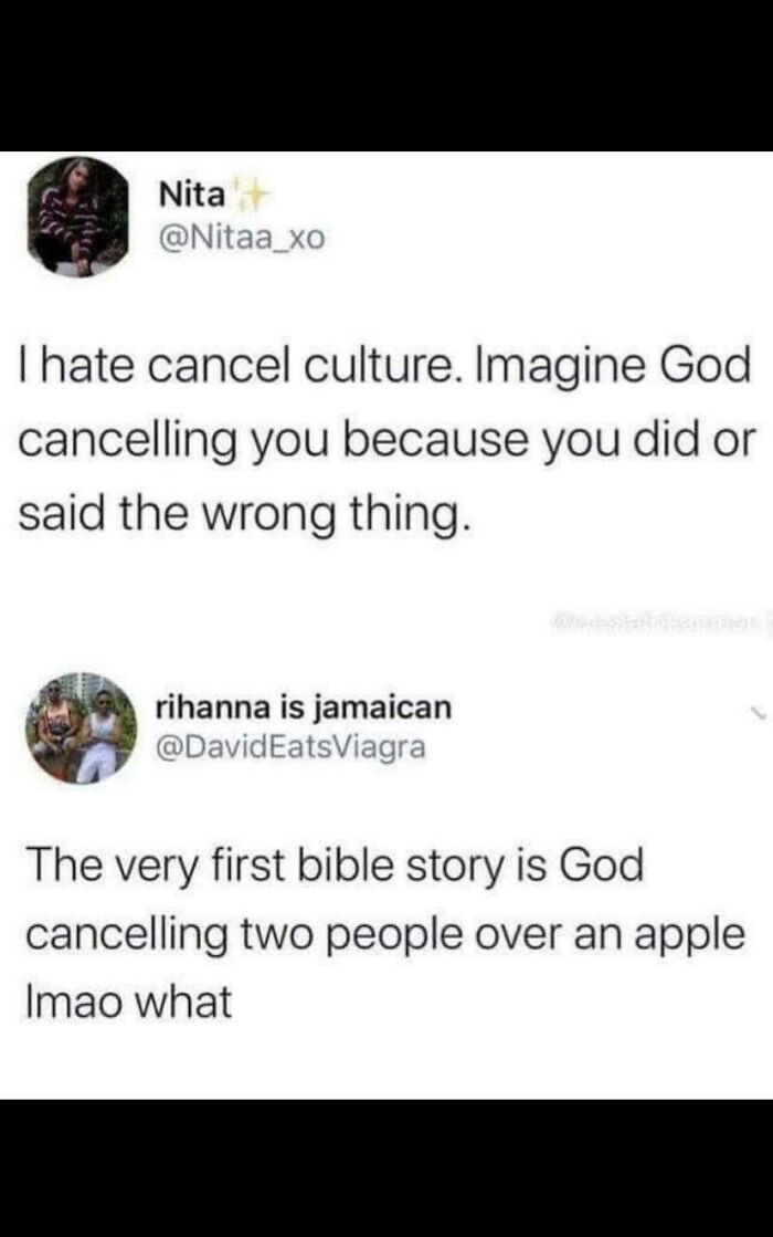 Twitter exchange about cancel culture, with a comeback referencing the first Bible story as a sharp comeback example.