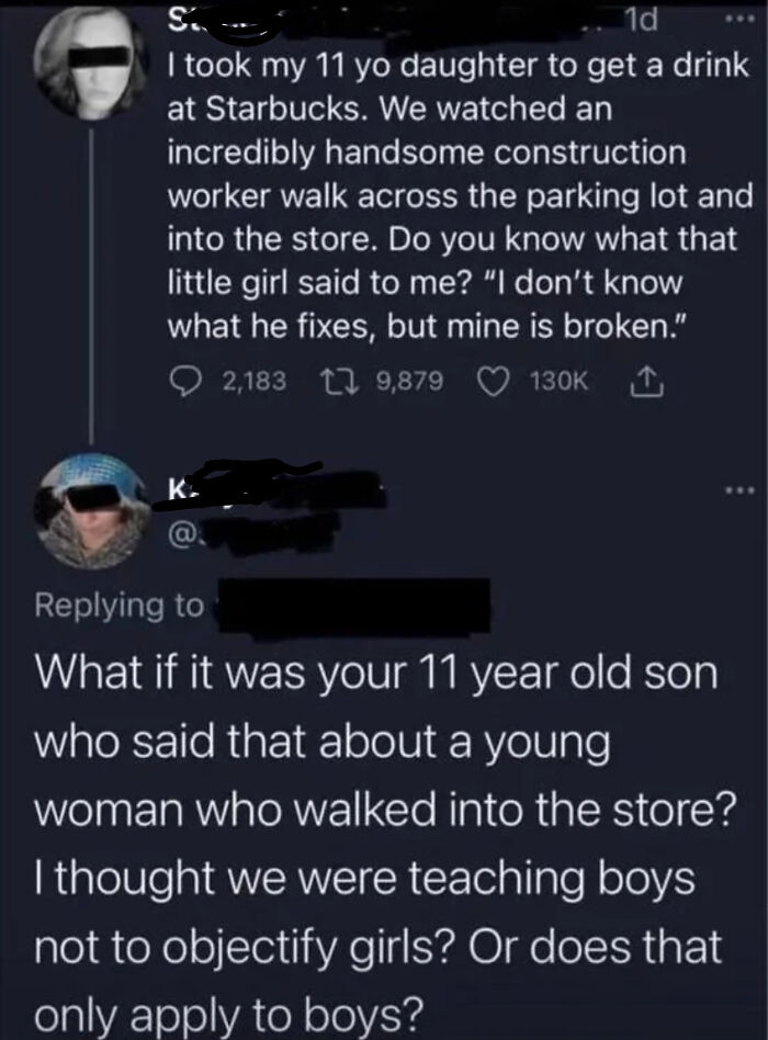 Twitter exchange showing sharp comebacks about objectifying girls and teaching boys respect in a viral conversation.