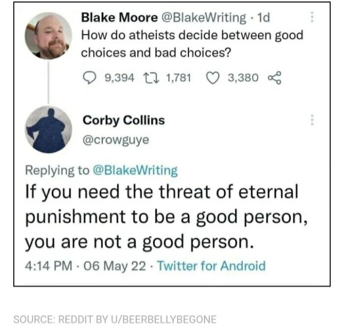 Twitter exchange about morality and eternal punishment, showcasing one of the sharp comebacks from the recovery wasn’t an option series.