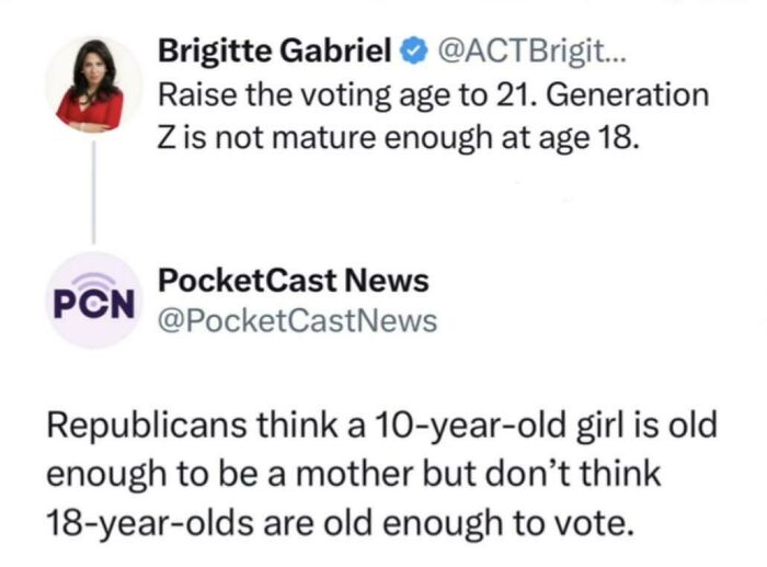 Tweet exchange showing sharp comebacks about voting age and maturity with strong political opinions highlighted.