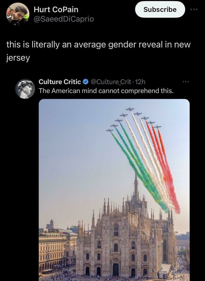 Jets flying over a historic cathedral leaving trails in green, white, and red, showing sharp comebacks with no recovery option.