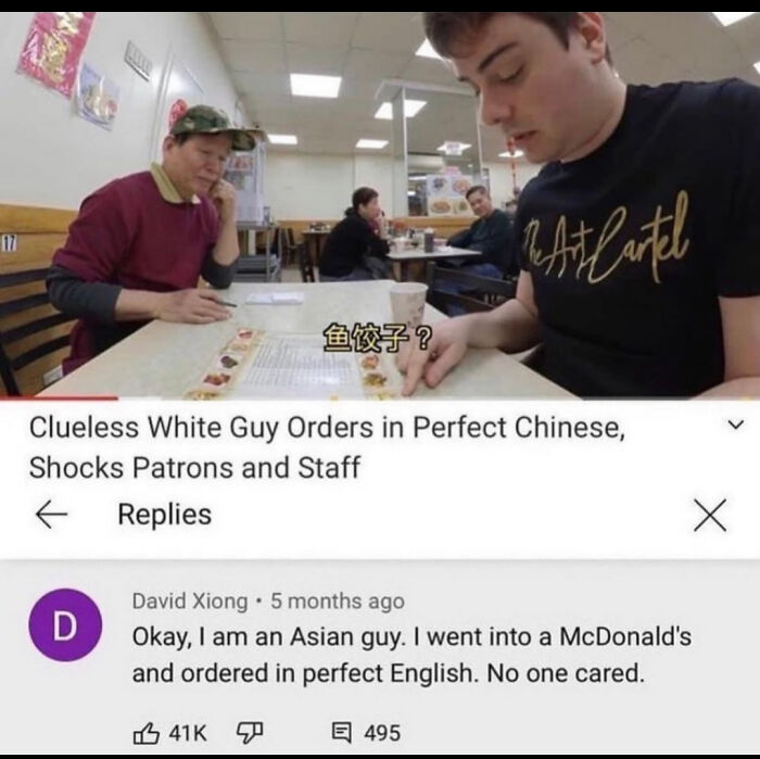 Young man ordering food in perfect Chinese at restaurant, showcasing sharp comebacks that leave patrons shocked and impressed.