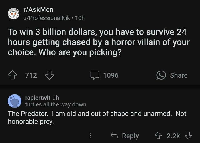 Reddit thread showing a sharp comeback about surviving 24 hours chased by a horror villain using witty and clever humor.