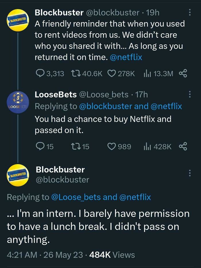 Blockbuster Twitter exchange with sharp comebacks about Netflix chance and intern role, showcasing witty recovery responses.