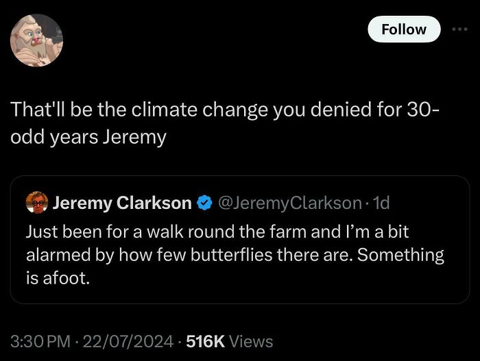 Twitter reply pointing out climate change denial in response to Jeremy Clarkson’s tweet about declining butterflies.