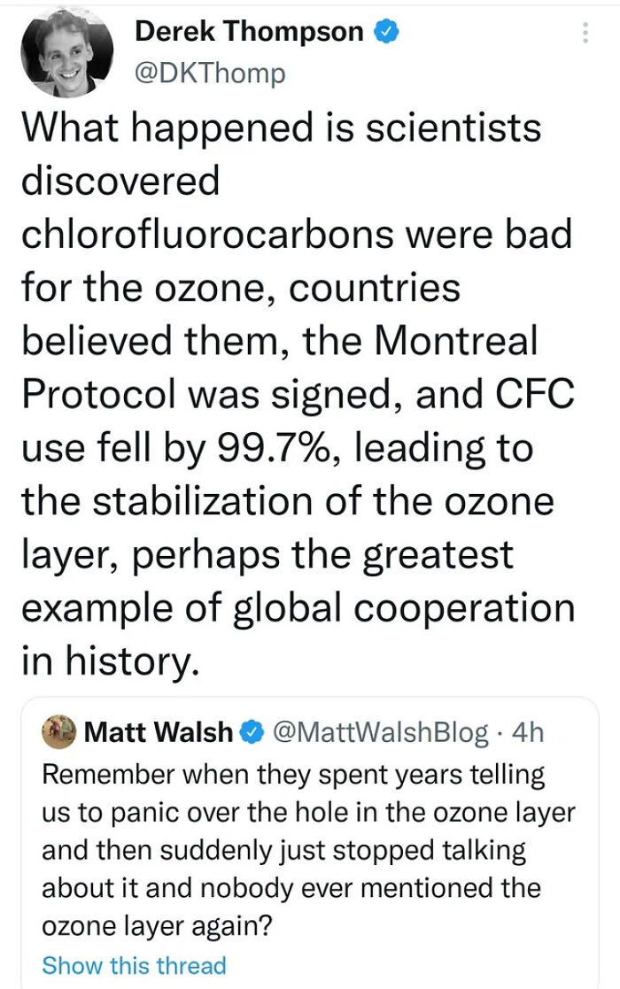 Screenshot of a sharp comeback tweet explaining how global cooperation led to the ozone layer's recovery success.