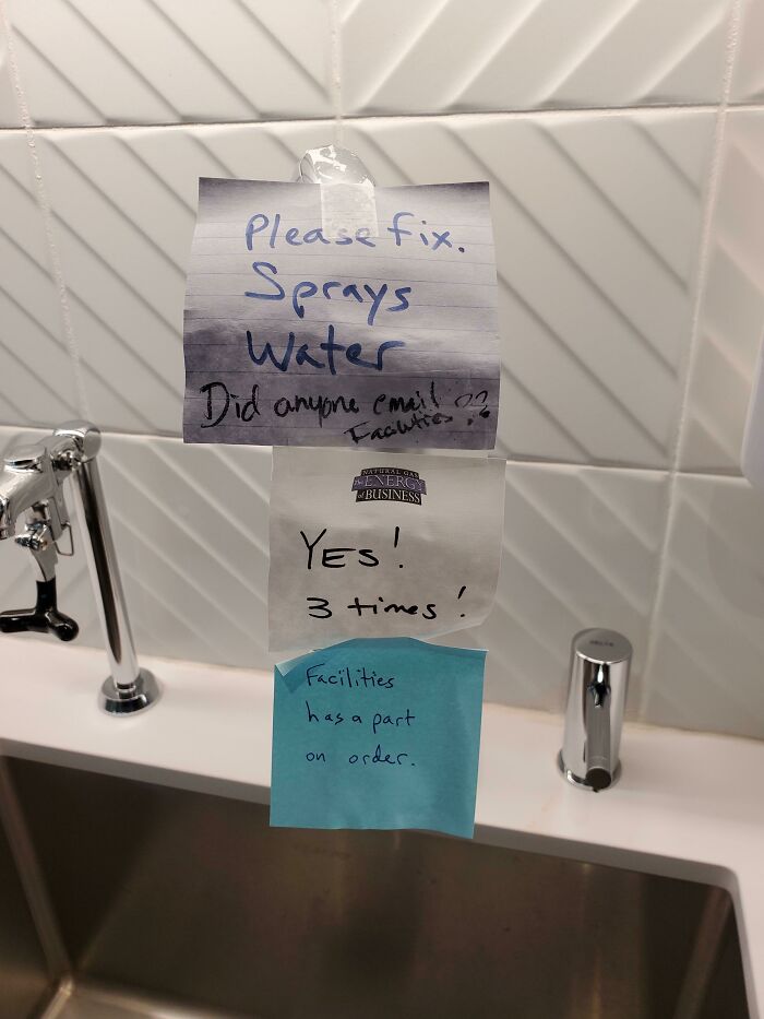 A series of passive-aggressive notes about a broken faucet that sprays water, with responses about reporting it.