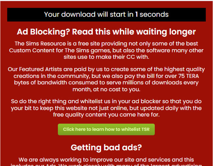 A passive-aggressive note about ad blocking, urging users to whitelist the site for free content and support artists.