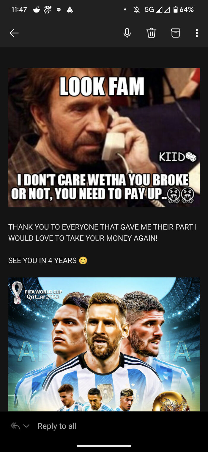 A passive-aggressive note in a screenshot, showing a meme about paying up and a FIFA World Cup Qatar 2022 image.