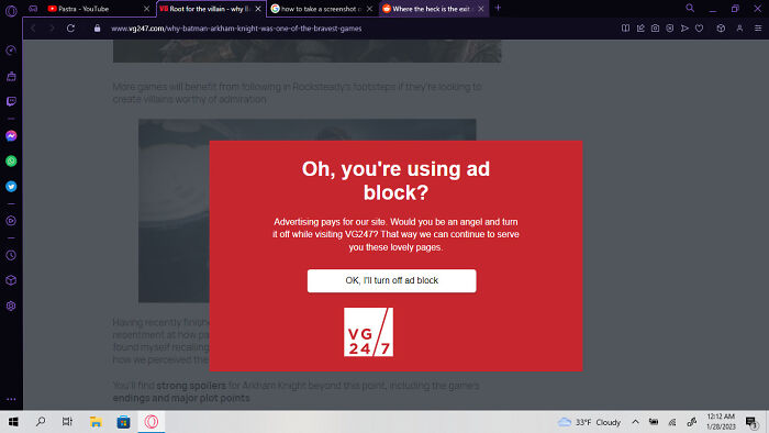 A passive-aggressive pop-up note on a website asking a user to disable their ad block, showing petty digital interaction.