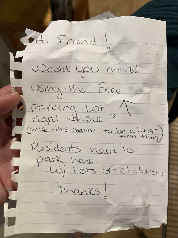 A handwritten, passive-aggressive note about parking, a typical example of petty people and infuriating notes.
