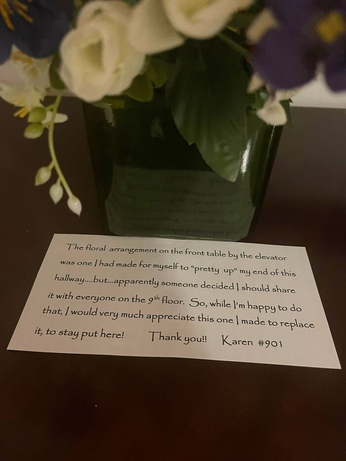 A passive-aggressive note from Karen #901 about a floral arrangement, exemplifying petty notes and infuriating situations.
