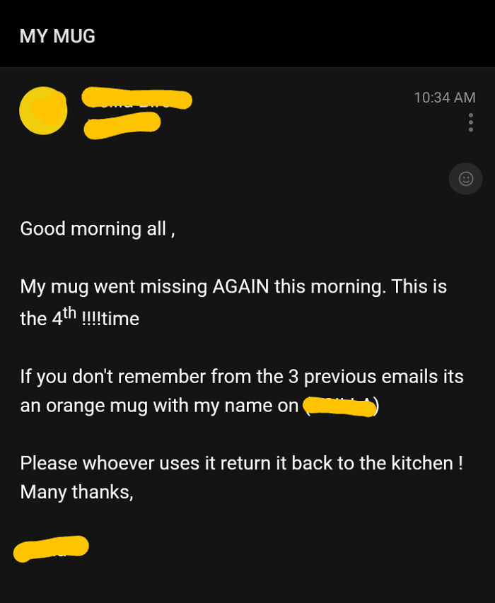 A passive-aggressive note about a missing mug, highlighting petty behavior and humorous yet infuriating communication.