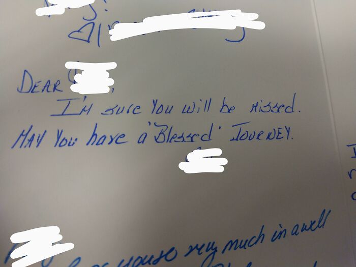 A handwritten passive-aggressive note with some words scribbled out, wishing someone a Blessed Journey.